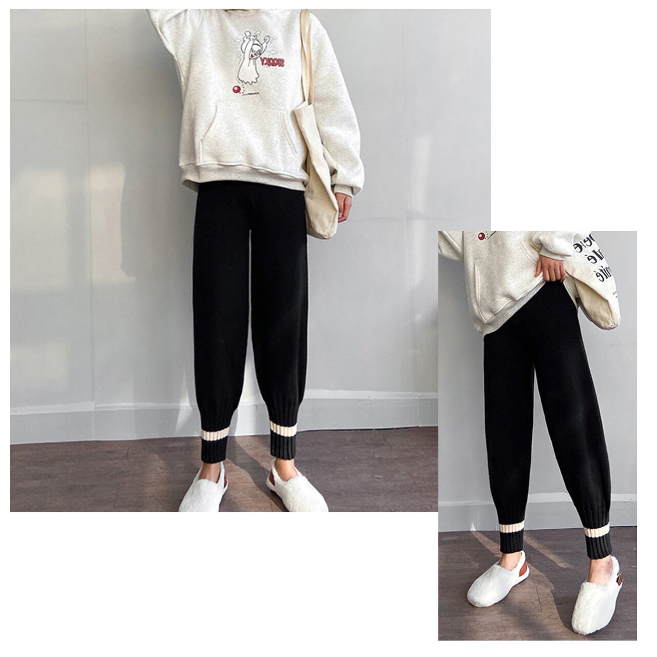 Women's Woolen Knitted Sweatpants Winter Wide-Leg Joggers with Ankle Banded Cuffs, Sports Pants Casual Trousers