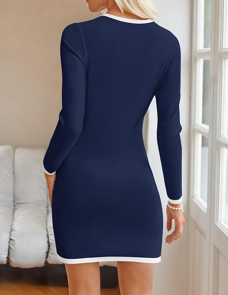 ZESICA Fall Dresses for Women 2025 Long Sleeve Button Color Block Knit Bodycon Short Sweater Dresses with Pockets