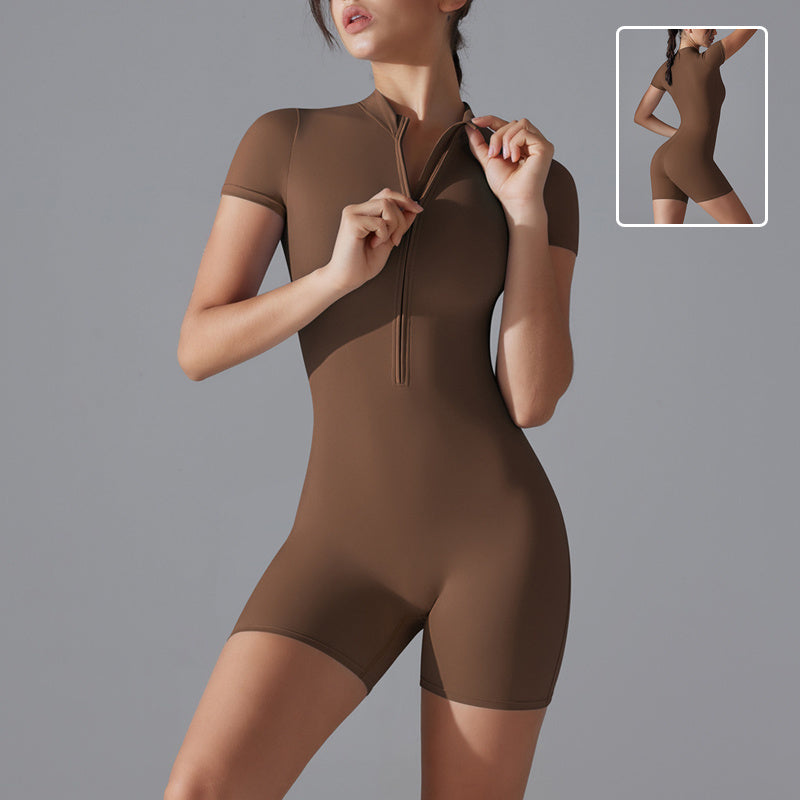 Summer Zipper  Short-sleeved Shorts Jumpsuit Yoga Fitness Dance Slim Sports Bodysuit Women Sports Clothing