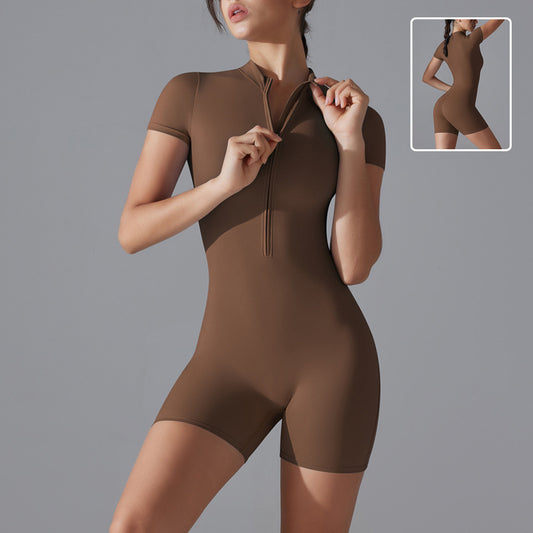 Summer Zipper  Short-sleeved Shorts Jumpsuit Yoga Fitness Dance Slim Sports Bodysuit Women Sports Clothing