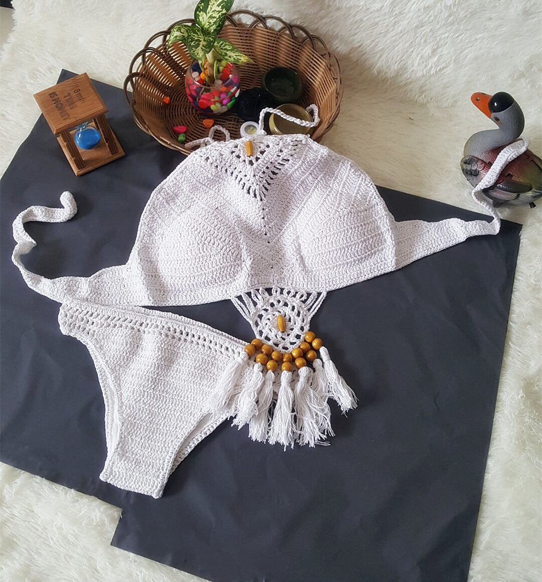 2021 Europe and the United States new woman swimsuit set, beach sunshine bath, foreign trade Crochet Crochet tassel bikini