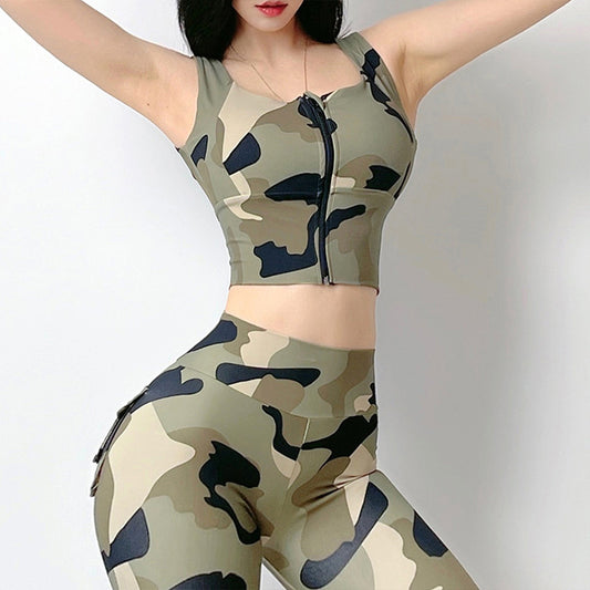 Camouflage Printed Front Zipper Sports  Underwear Shockproof Yoga Clothes Vest