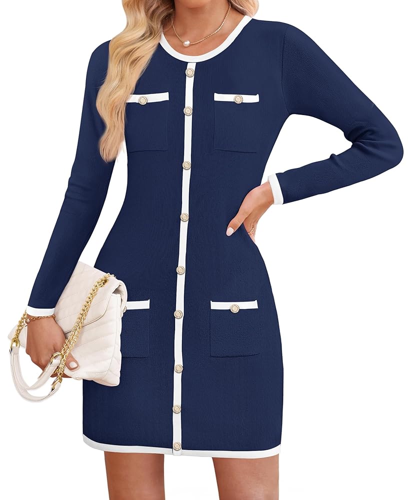 ZESICA Fall Dresses for Women 2025 Long Sleeve Button Color Block Knit Bodycon Short Sweater Dresses with Pockets