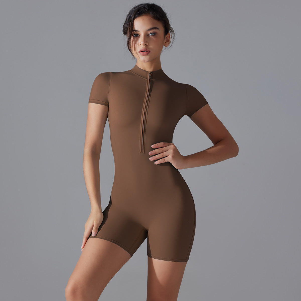 Summer Zipper  Short-sleeved Shorts Jumpsuit Yoga Fitness Dance Slim Sports Bodysuit Women Sports Clothing